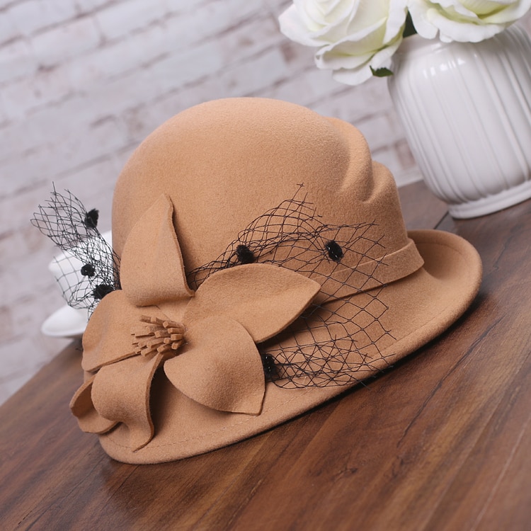 Sombrero de invierno para mujer, gorro de lana cálido estilo Gatsby, flor, , asimétrico, 1920: camel