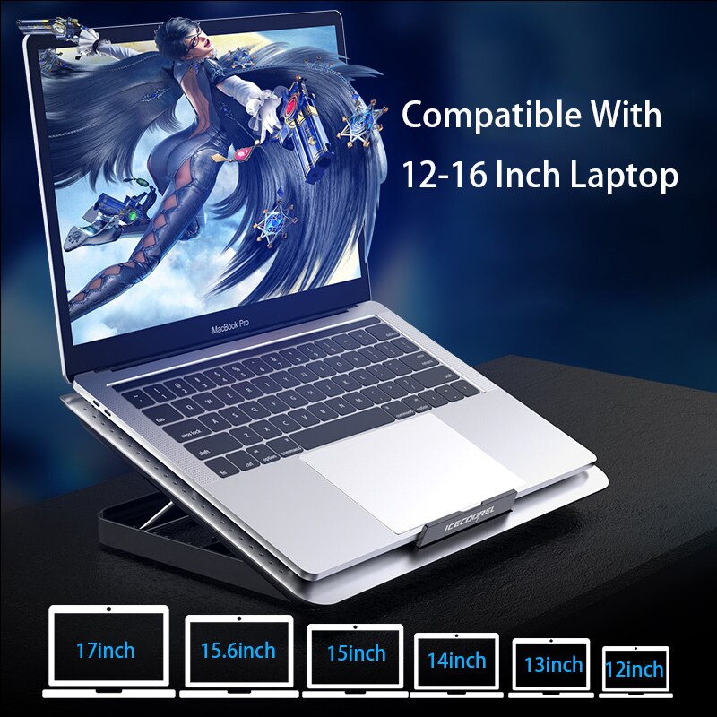 Gaming laptop kjøler lydløs vifte metall laptop kjøleputer to usb porter bærbart justerbart notebook stativ for 12-16 tommers bærbar pc