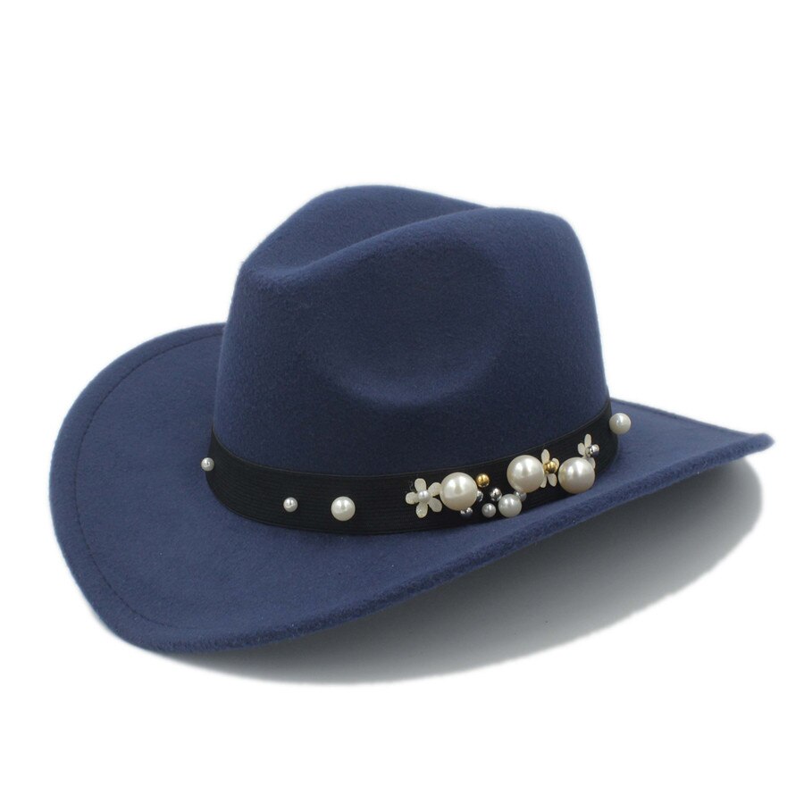 Kvinder chapeu western cowboy hat til dame cowgirl bredskygge jazz kirke kasket cloche sombrero top cap: Mørkeblå