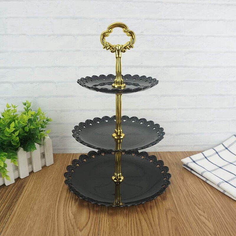 2 Pack, 3-Tier Plastic Cake Stand-Dessert Stand-Cupcake Stand-Tea Party Serving Platter Black Gold