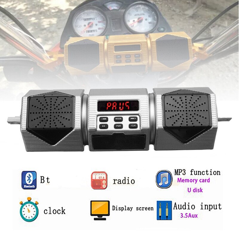 Reproductor de MP3 con Bluetooth para motocicleta, altavoz estéreo resistente al agua, manillar de Radio FM con pantalla LED plateada