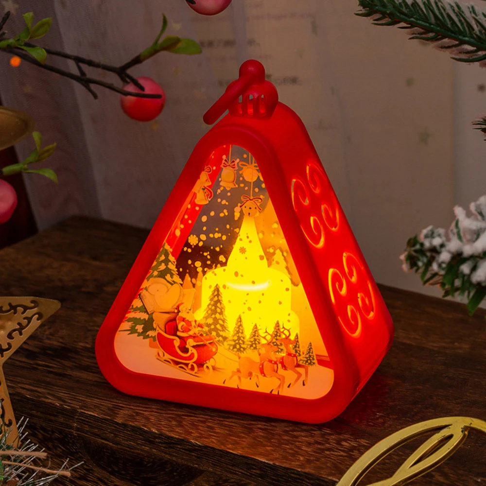 Christmas Triangle Lantern Plastic Santa Claus Snowman Tree Festival Lamp Mini Table Ornaments Home Decoration Party Scene Props: army green