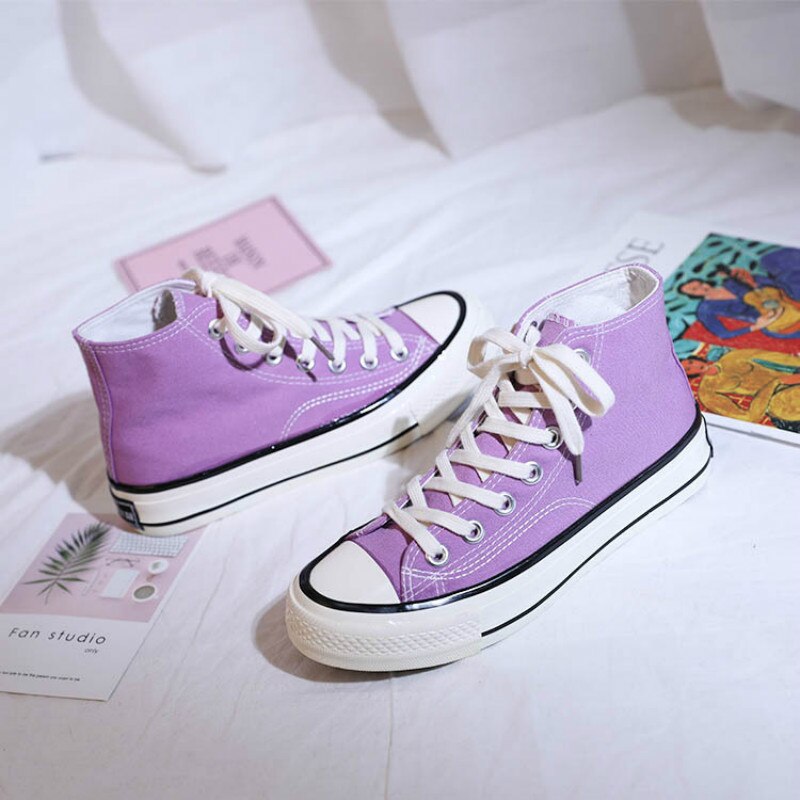 Flickskor avslappnad lavendel ljus lila vackra sneakers alla matchar enfärgad snörning platt klack canvas skor studenter 35-40
