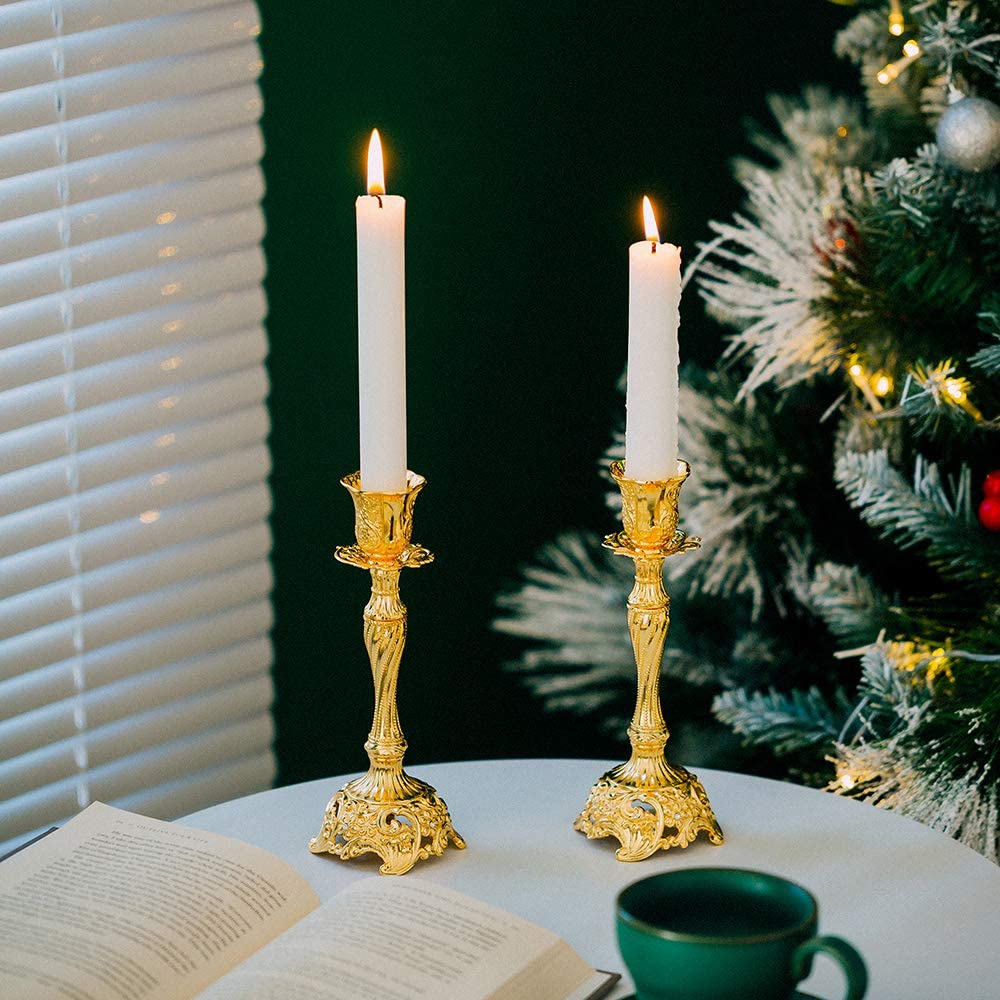 Candelabros chapados en oro para decoración del hogar, paquete de 2 candelabros de 18cm/7 pulgadas para velas cónicas de sabbat, para mesa de comedor