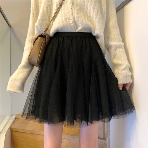 Minifalda de tul para mujer, Falda corta de malla coreana, cintura alta elástica, color negro liso, ropa de mujer,: Black