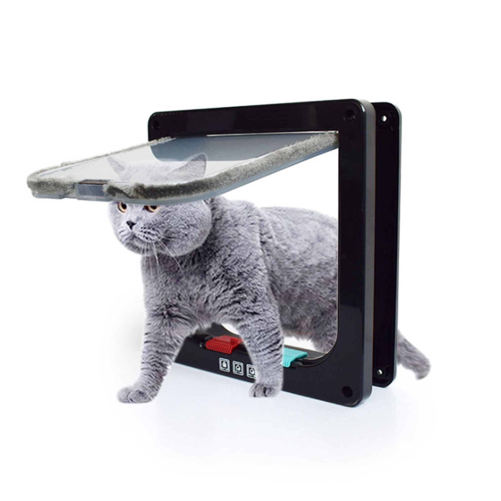 Cat Flap Door 4 Way Locking Security Pet Cat Puppy Door for Interior Exterior Door Anti Escape Safety Gate Frame Cats Supplies: black