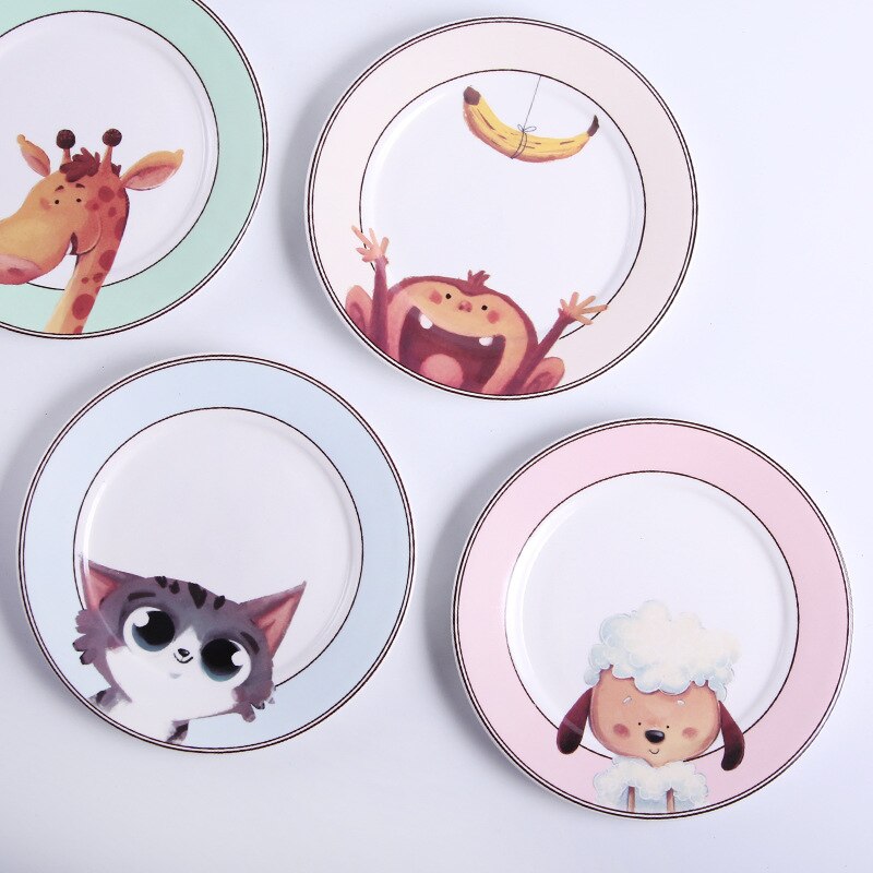 Plato de cerámica redondo de dibujos animados de 8 pulgadas, vajilla de porcelana para niños, estilo occidental, bandeja para carne, fruta, postre, frutos secos, platos para aperitivos