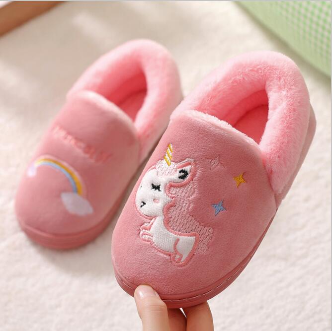 Eenhoorn Kids Slippers Voor Peuter Jongens Indoor Schoenen Baby Meisje Bont Slides Katoen Flip Flop Warme Winter Huis Kinderen Slipper: full pink / 34-35