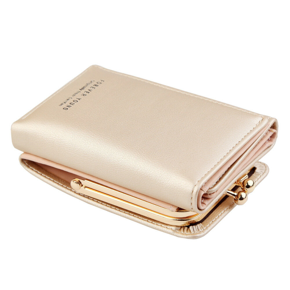 Cute Women's Wallet Mini Clutch Bag PU Leather Three Fold Credit Card Holder Purse: Light Gold