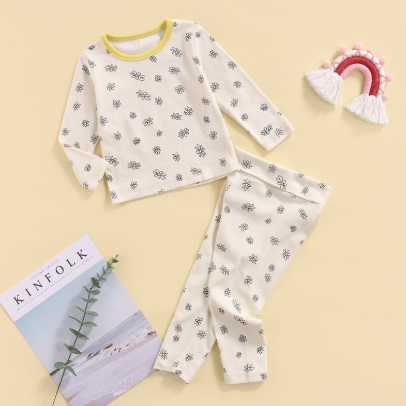 Baby Junge Mädchen Langarm Spitzen + Hosen, Blume Drucken Elastische Breite Taille lässig Stil Frühling Pyjama