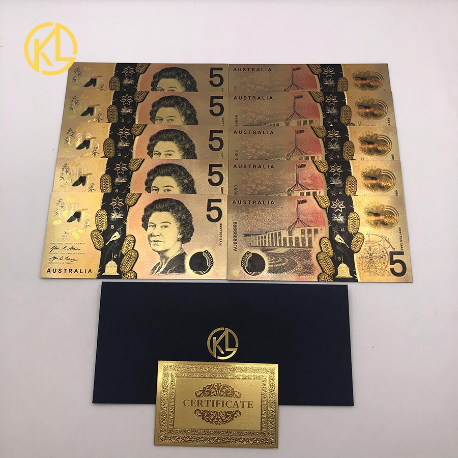 5 pc/lote austrália notas da folha de ouro colorido aud 100 50 20 10 5 dólares cartões de plástico de cédula da folha de ouro bilhetes: 5 AUD