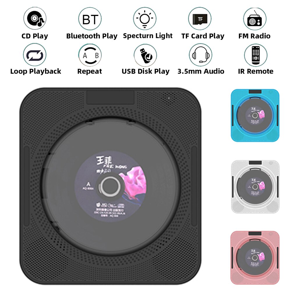 Portable CD Player Wall Mountable CD Music Player Bluetooth Remote Control FM Radio HiFi Speaker with USB 3.5mm LED Screen