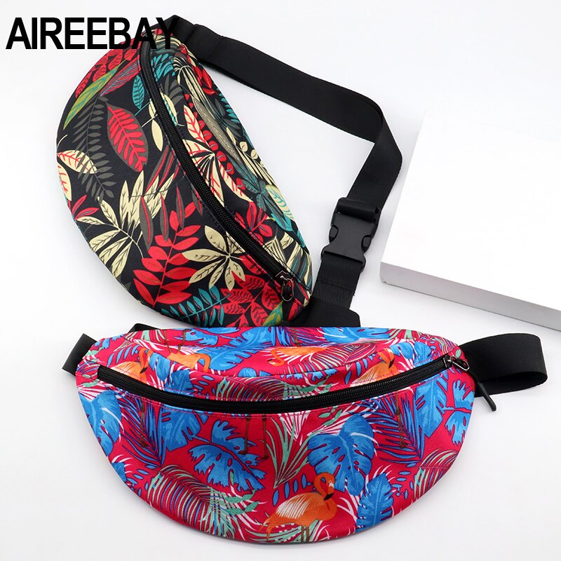 AIREEBAY Printed Leaf Women Waist bags Large Capacity Canvas Fanny Pack with Zipper Female Casual Travel Banana bags