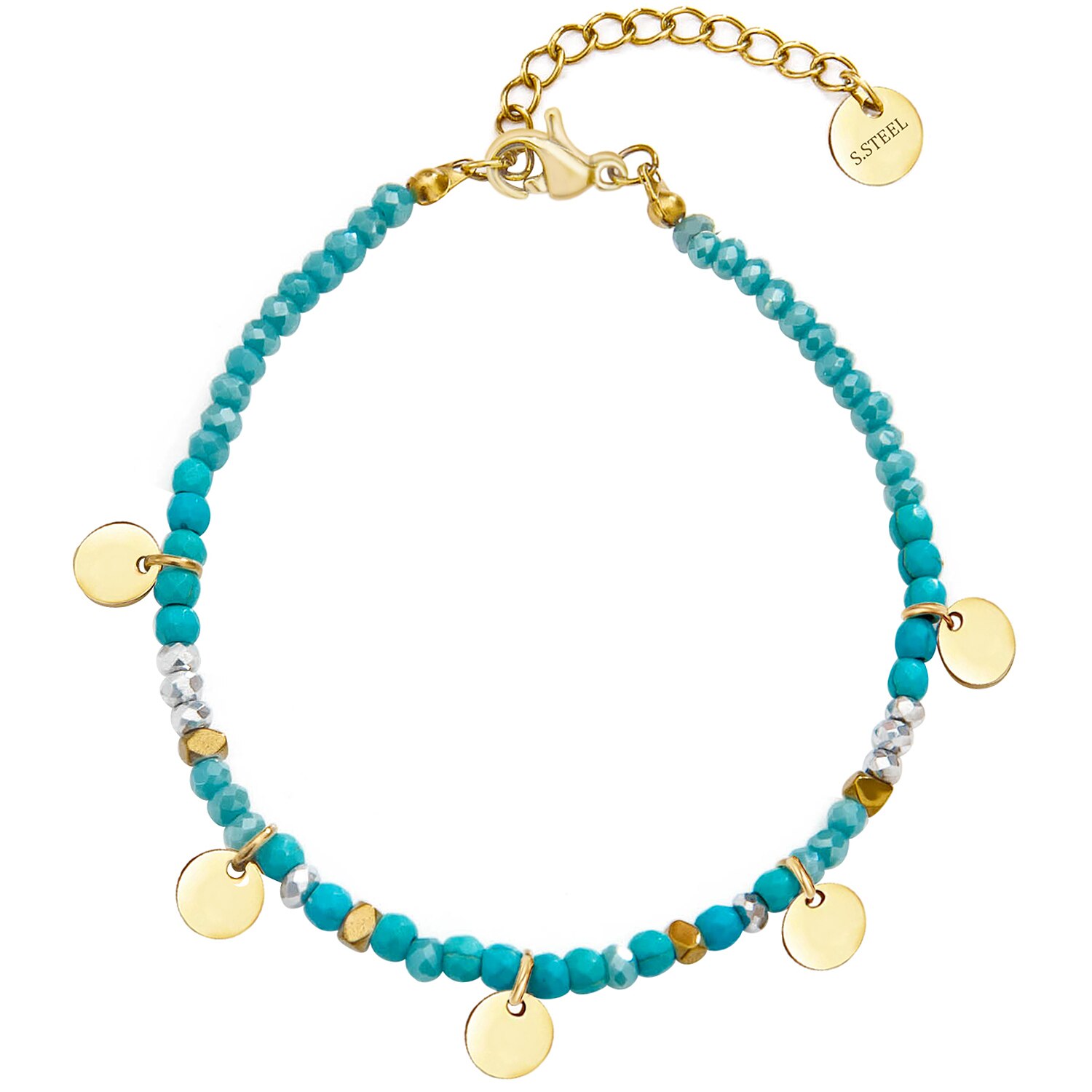 Vildt og gratis rustfrit stål perler armbånd fem farver rundt armbånd til kvinder natursten armbånd boheme smykker: Turkisblå