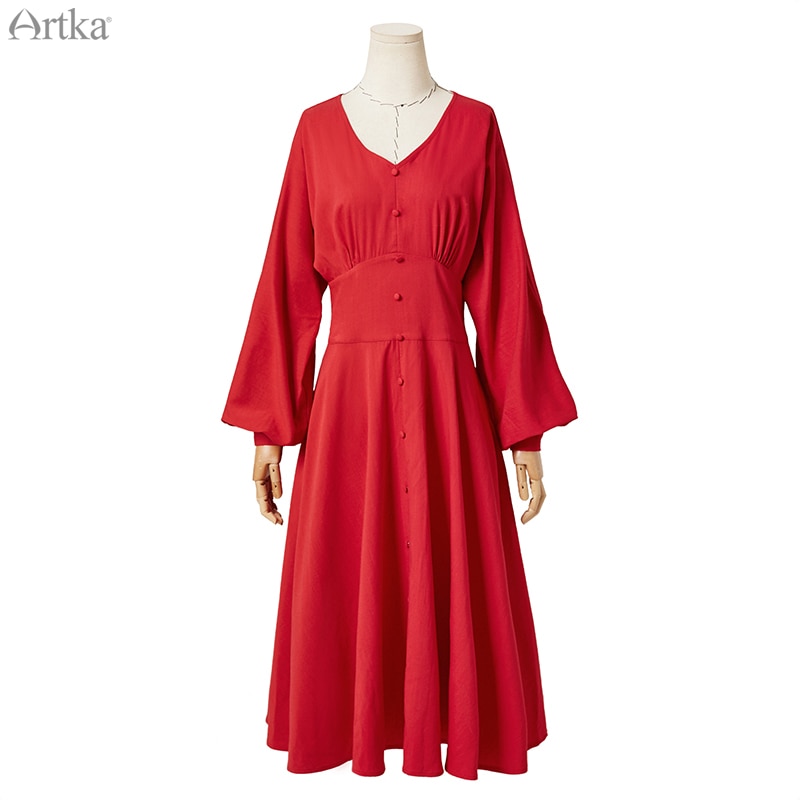 ARTKA Herfst Winter Vrouwen Jurk Vintage Rode Elegante V-hals Jurken Lantaarn Mouwen Lange Jurk Voor Vrouwen LA15299Q
