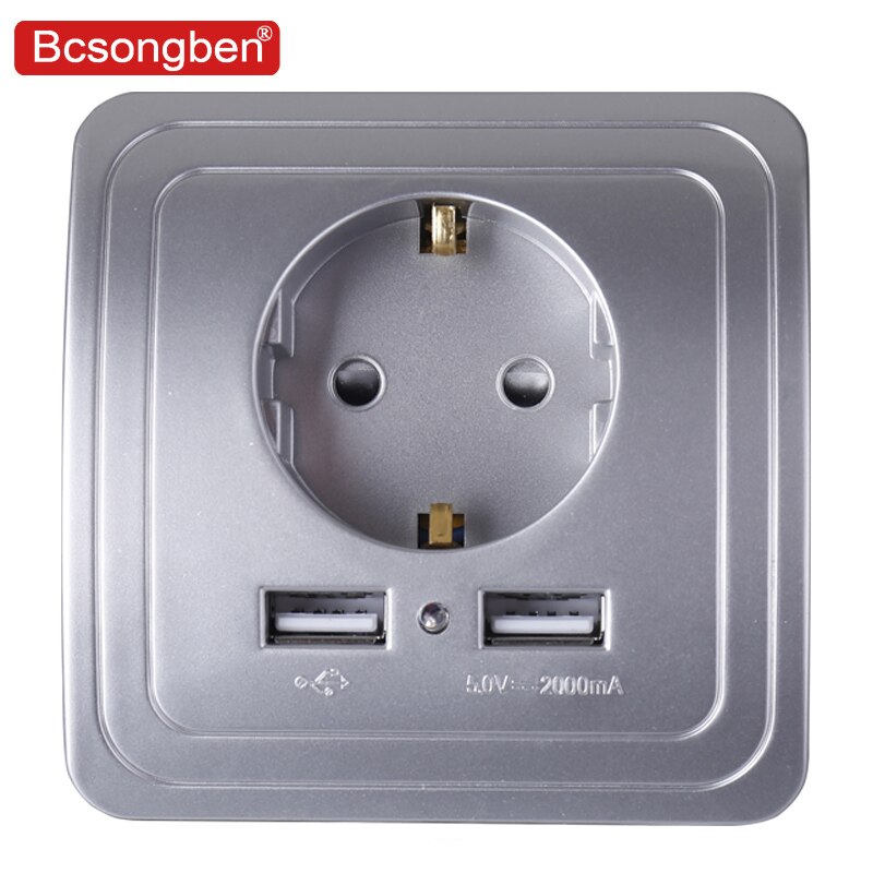 Bcsongben Wall USB Power Socket, AC 110V-250V 16A For Home, PC Panel 86mm*86mm Dual USB EU Standard Wall Socket