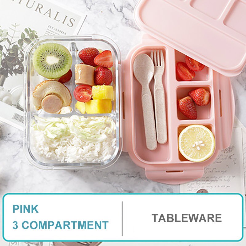 ONEUP Lunch Box For Kids Glass Microwave Bento Box Food Container With Compartment Storage School Leakproof Kitchen Comida: Pink 3 compartment / 800ml