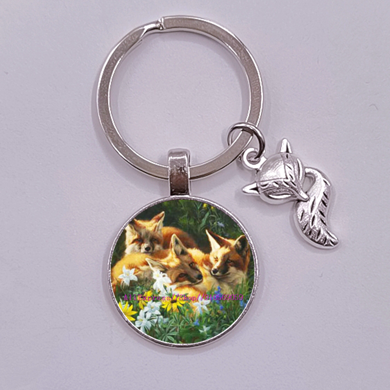 Porte-clés en verre, renard et fleur de dessin animé pour femmes, joli Animal coloré pour filles: Rose