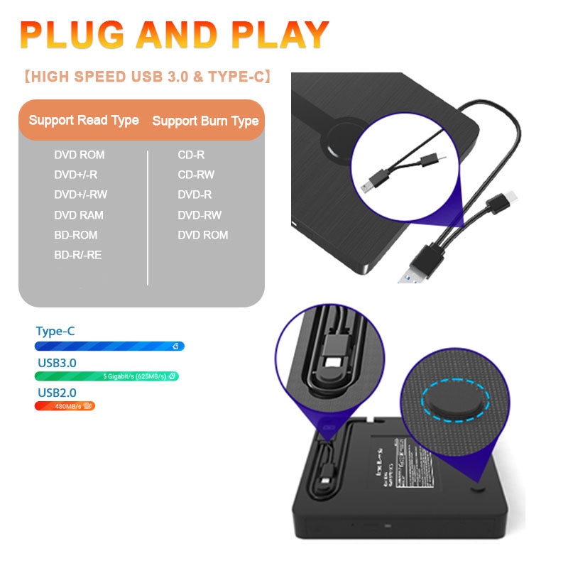 USB 3.0 External Blu-ray Drive Portable 3D BD-Combo Optical Drives CD DVD Player Burner Reader for Laptop PC Windows 11/10 Mac