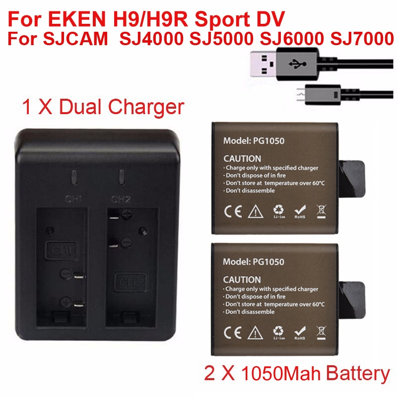 2pcs 1050mAh Sport Action Camera Batterij met Usb-oplader Voor EKEN H9 H9R H3R H8PRO H8R pro SJCAM SJ4000 SJ5000 Sport DV Bateria