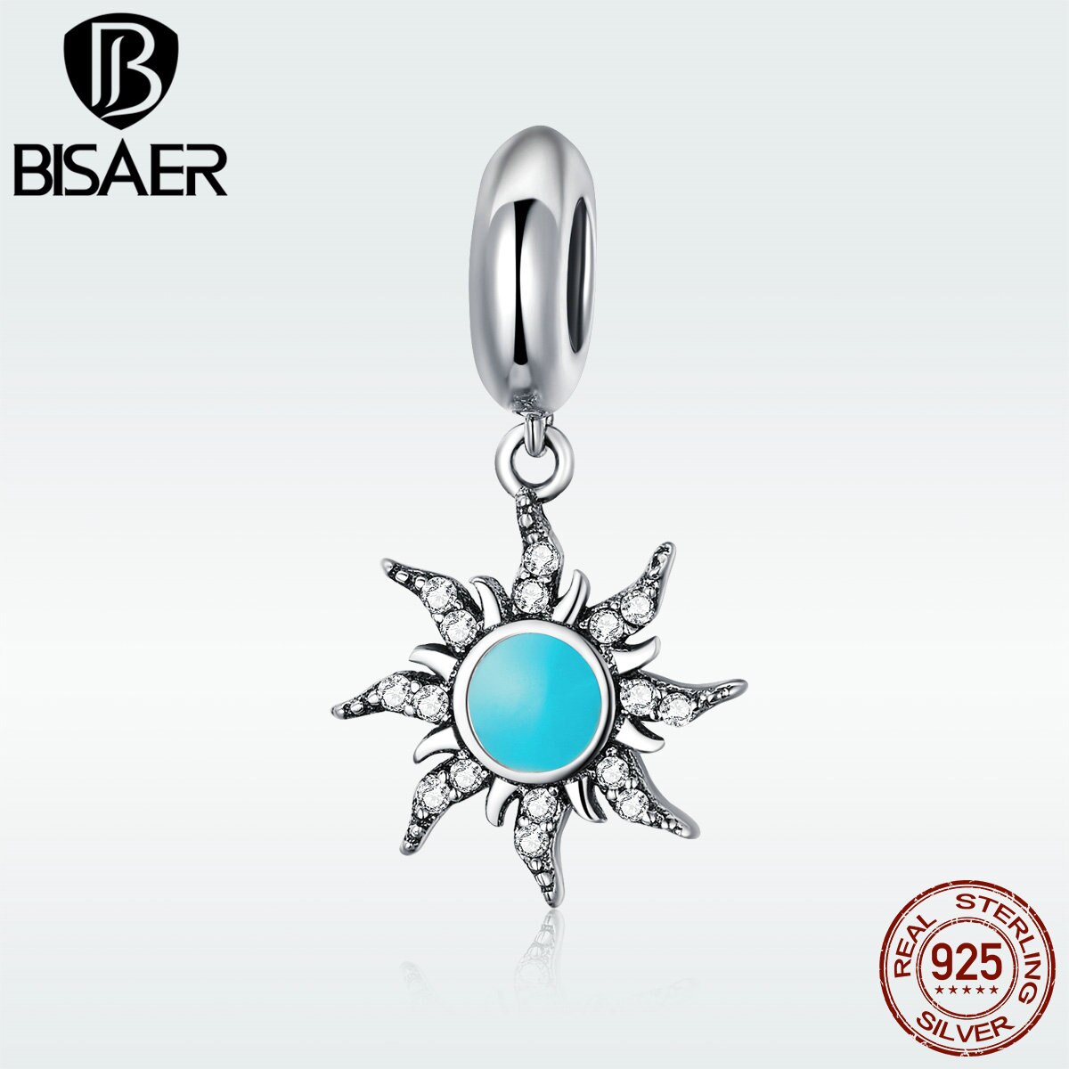 BISAER Vintage 925 Sterling Silver Sunny Sun Shape Lucky Charms Pendant fit for Bracelets Necklaces Silver Jewelry ECC1068