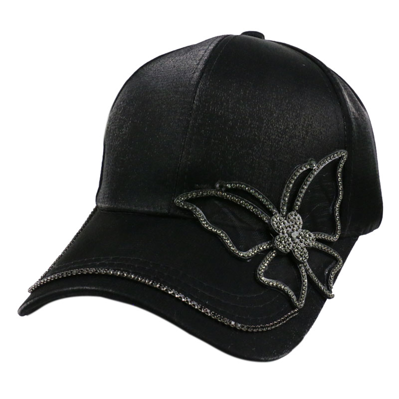 Winfox Black Rhinestone Butterfly Baseball Cap Girls Women Snapback Hip Hop Sun Hat: Black