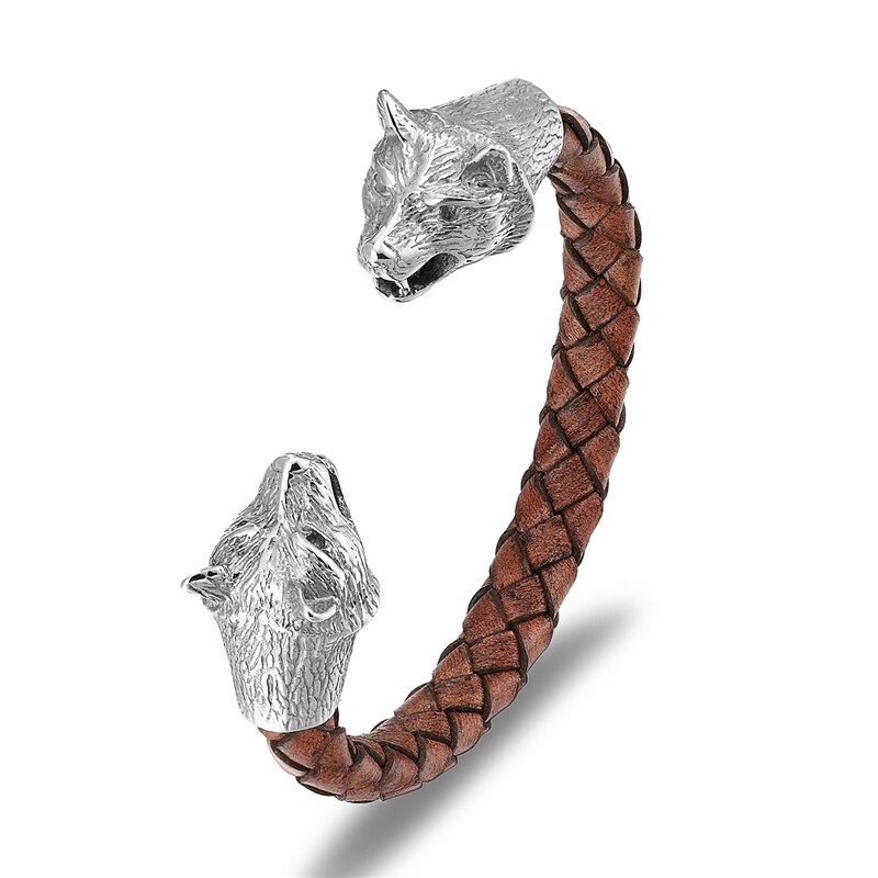 Vintage Viking Wolf Panther Head Cuff Bracelet Bangles Men Stainless Steel Bracelet Punk Leather Jewelry Accessories: L536