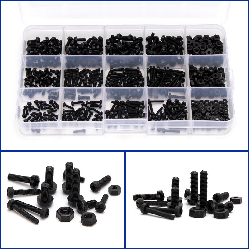 480pcs M2 M2.5 M3 Nylon Round Head Phillips Screw Bolts Hex Nuts Set Black White Plastic Screws Assortment Kit