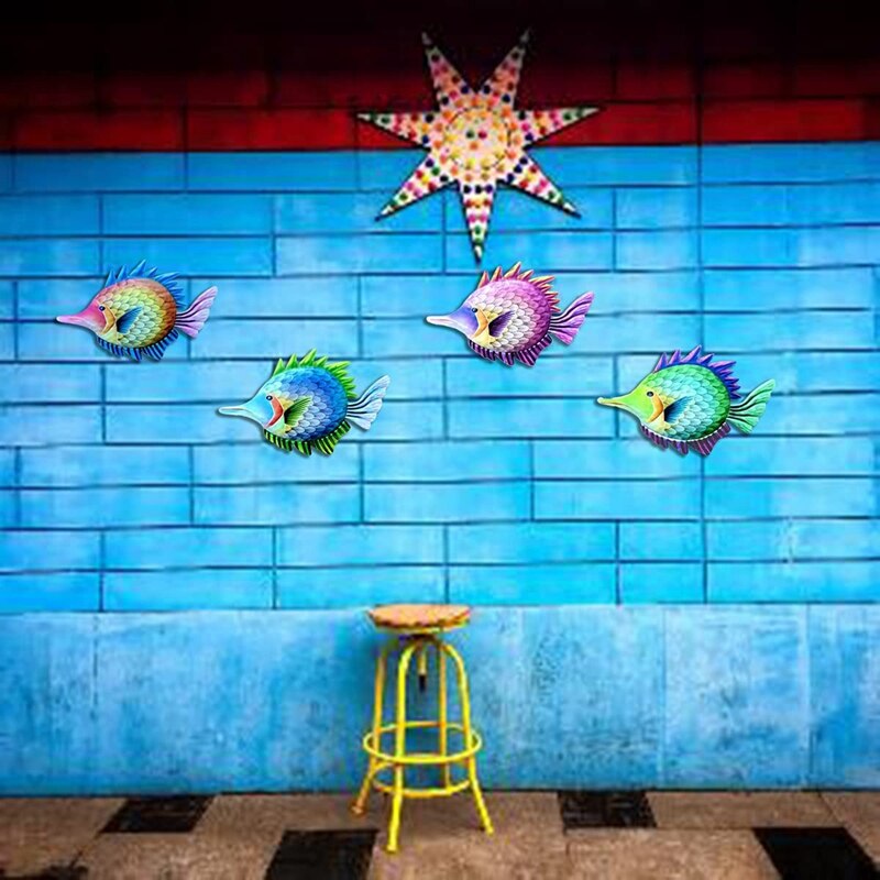 Metal Fish Wall Decor, 4Pcs Metal Fish Outdoor Wall Art Sea Life Art Metal Wall Sculpture Hanging Decor For Garden Decor