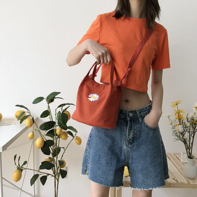 2020Gänseblümchen Stickerei Frauen Mini Leinwand Umhängetasche Kleine Handtasche Totes Damen lässig Jahrgang Geldbörse Tuch Eimer Tasche Für Mädchen: Orange