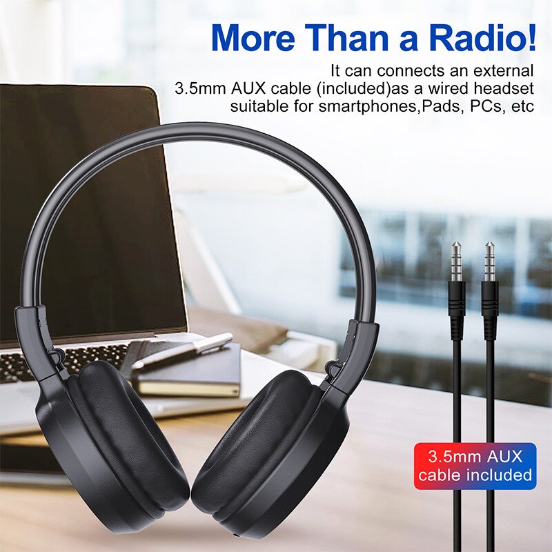 Portable FM Radio 50-108MHZ Radio Receiver Foldable Headphones Built-in Mic Support Auto Scan& Store Station with AUX Cable