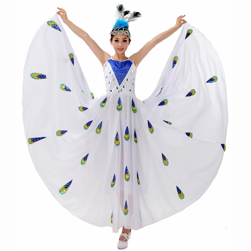 Minderheit Tanz Weiß Pfau Kostüm Kostüm Dai Kleid Felsen Dai tanzen Leistung Kleidung Pailletten Hosenträger Chiffon: Höhe 150cm