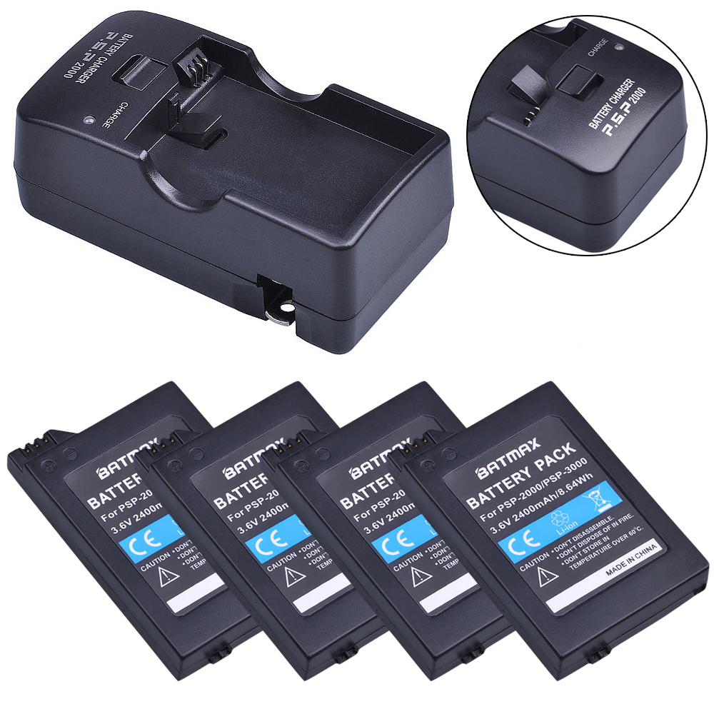 4 Stuks 3.6V 2400 Mah Psp 2000 Batterijen + Lader Kits Voor Sony PSP2000 PSP3000 Console