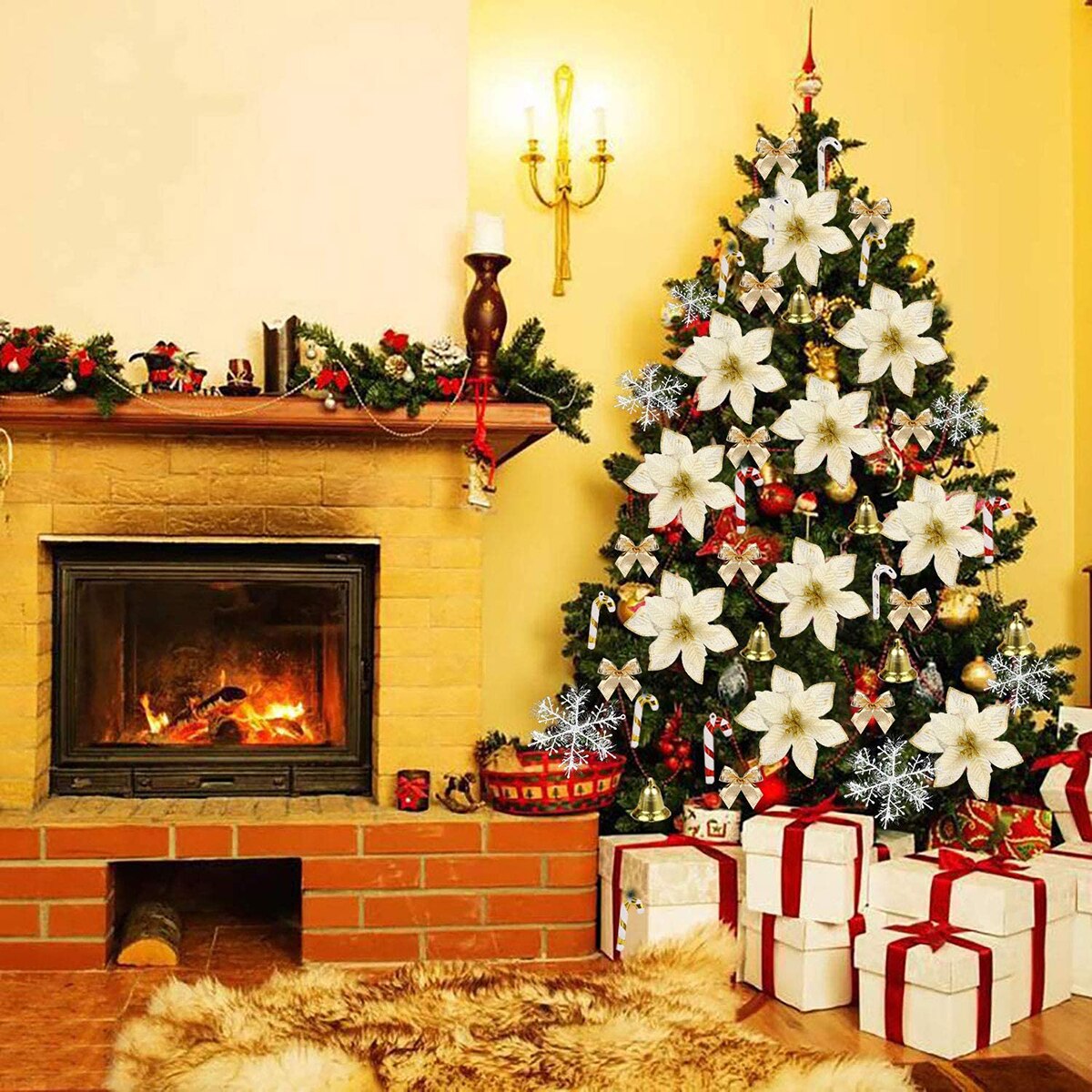 120Pcs Diy Kerstboom Decoratie Set, Delicate Nep Bloem Sneeuwvlok Bel Cane Ornament Voor House Party