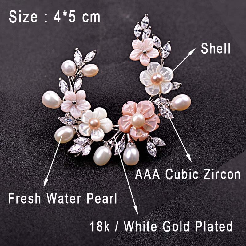 Red Trees Flower Brooch Pin For Women Wedding Bridal Jewelry With Freshwater Pearl & Cubic Zircon