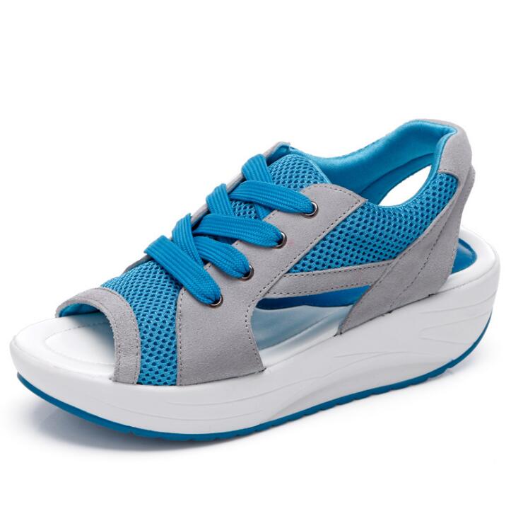 XDA women sandales sandalias Summer fish head sandals Women's shoes slope with platform muffin sandals: Blue / 6
