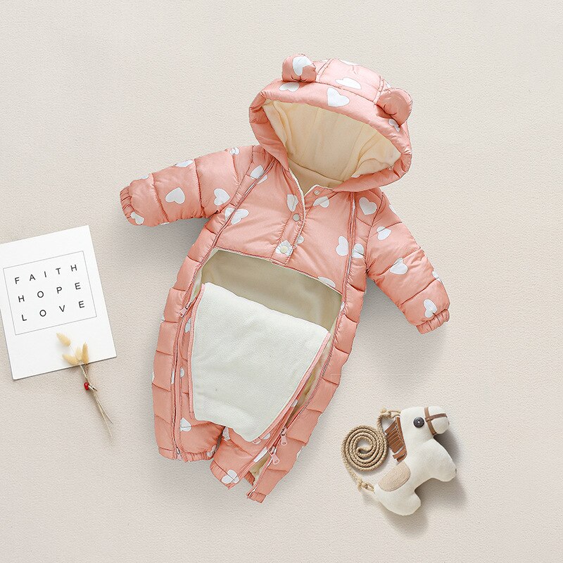 Winter warm geboren 3m 6m 9m 12m 70 80 90 100cm peuter baby capuchon jumpsuit overall jas plus fluwelen baby jongen rompertjes: Roze / 12m