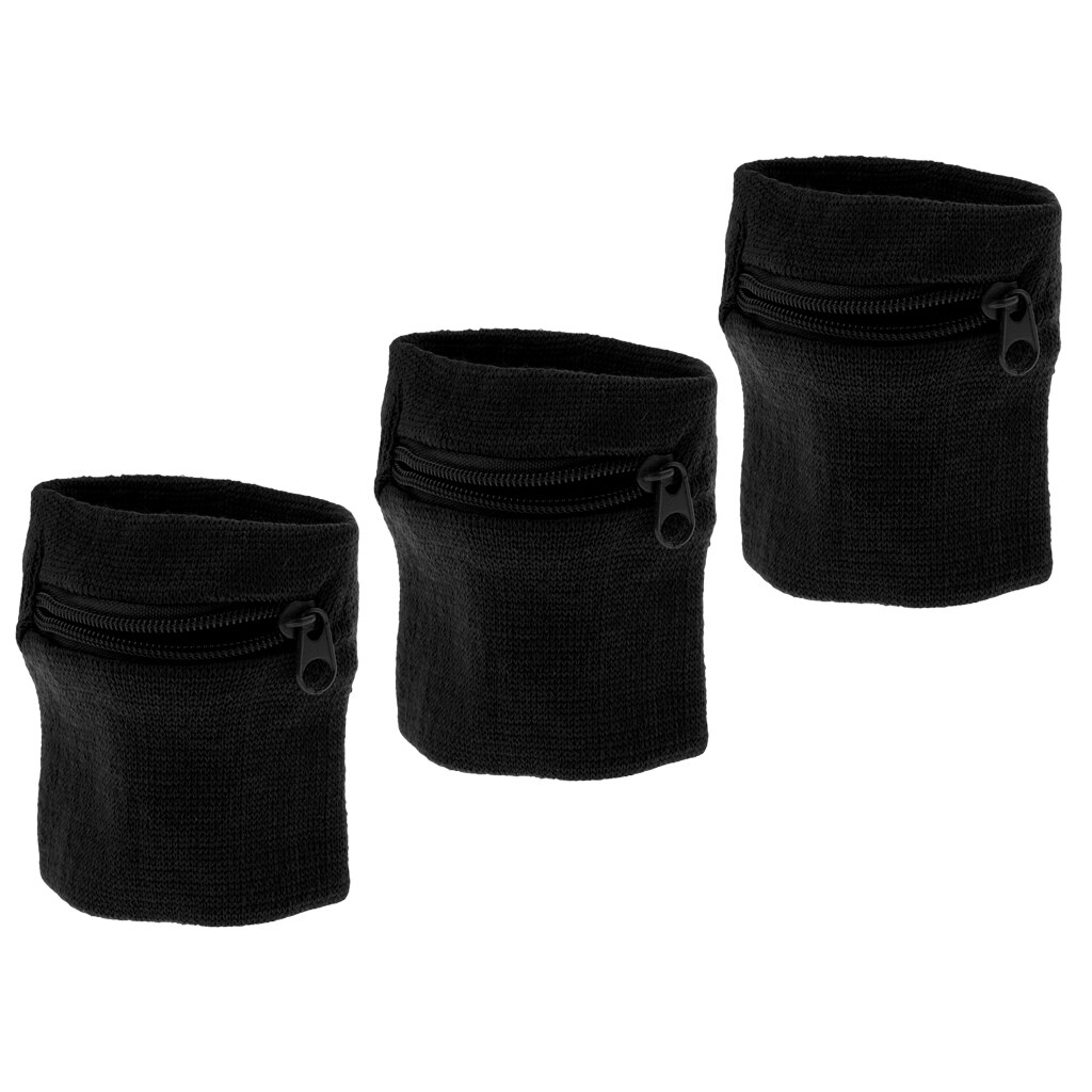 Pakke  of 3 sports tykt ensfarvet armbånd med lynlås/håndledspung (sort) - behagelig og ydeevne