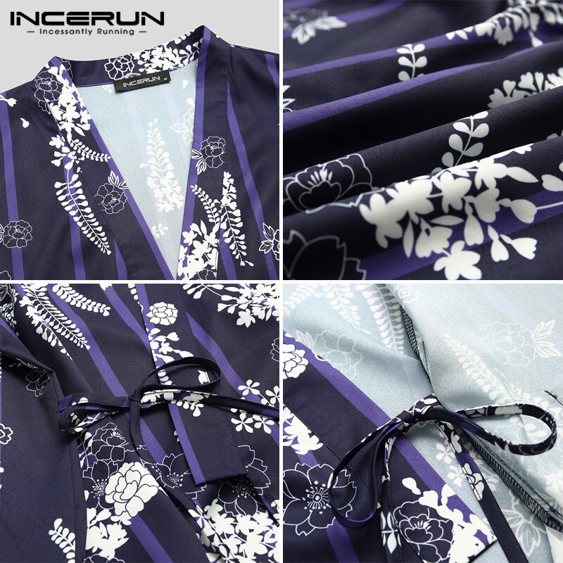 INCERUN Men Printed Pajamas Sets Half Sleeve Loose V Neck Sleepwear Tops Leisure Shorts Kimono Homewear Men Nightwear Suit S-5XL