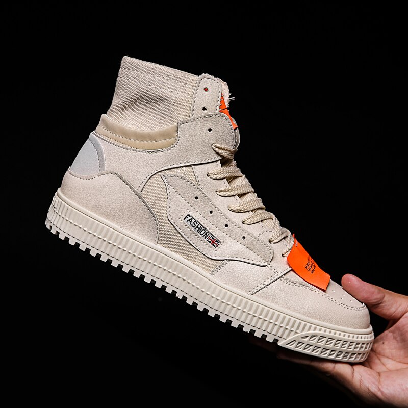 Aizhetu heren high-top canvas schoenen heren zomer lente herfst top sneakers hoge stijl effen kleuren heren witte schoenen: Beige / 8