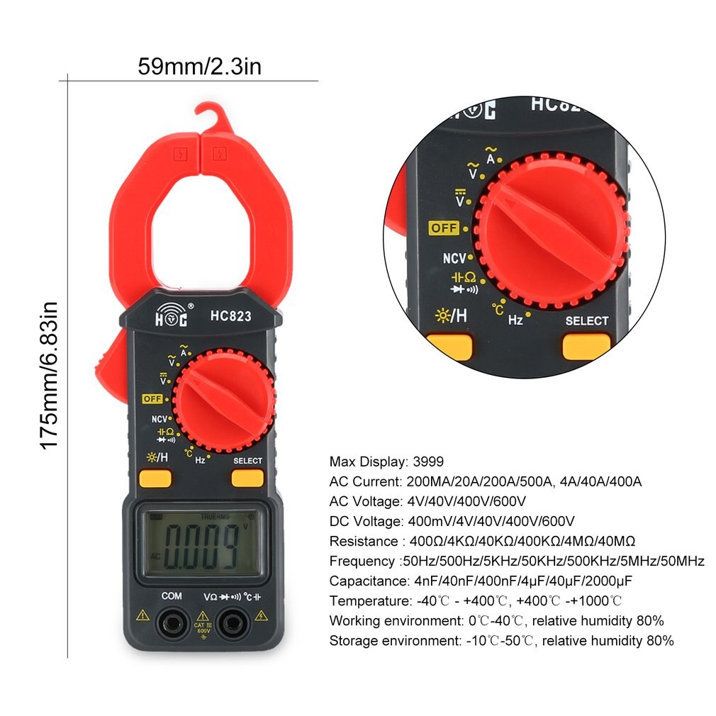 HC823 Digital Clamp Meter Mini Ammeter Clamp Multimeter Small Current Meter Voltage Current Resistance Capacitance Tester