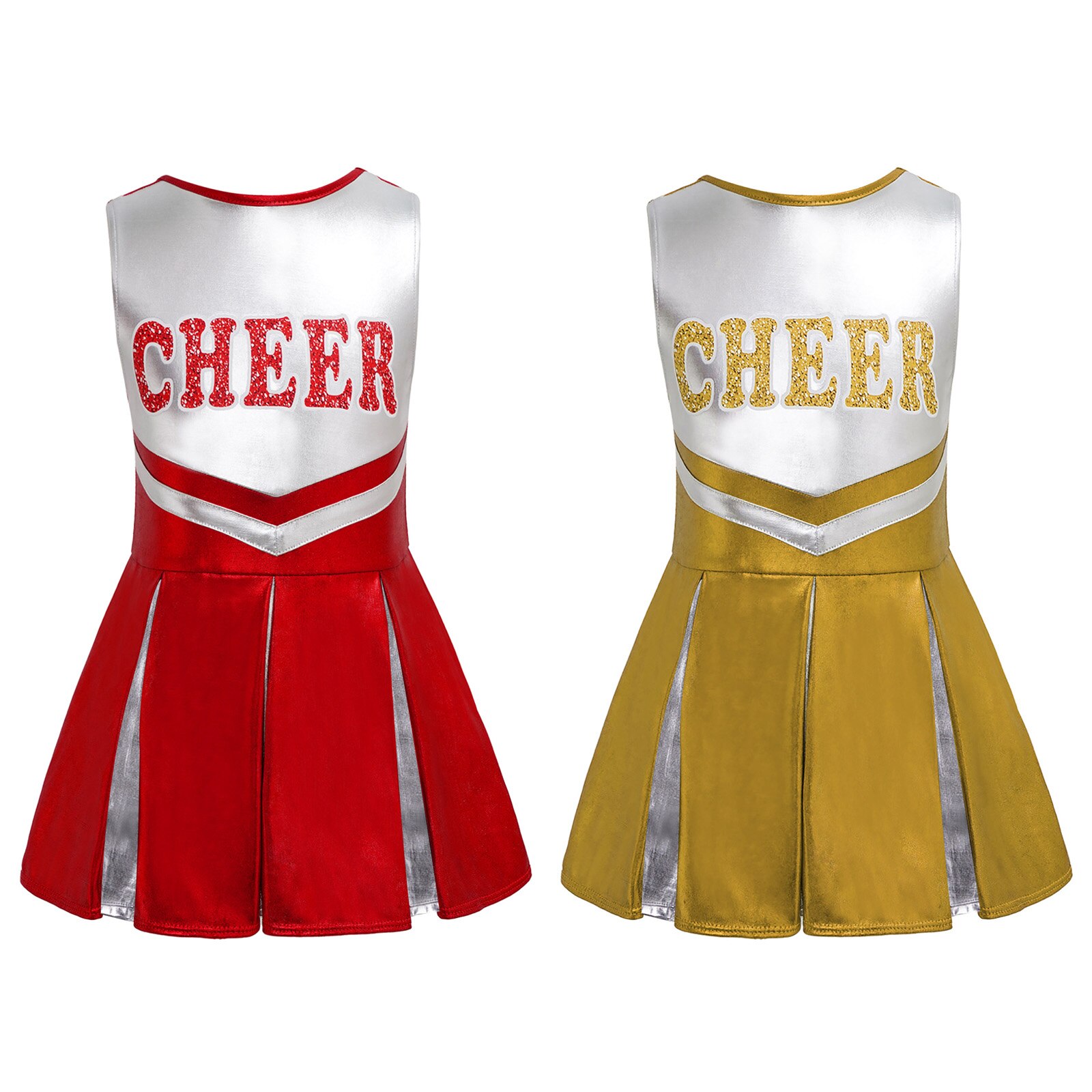 Kids Meisjes Rode Stijlvolle Kleding Cheerleading Jurk Mouwloze Ronde Hals Shiny Brief Gedrukt Contrast Kleur Geplooide Dans Jurk