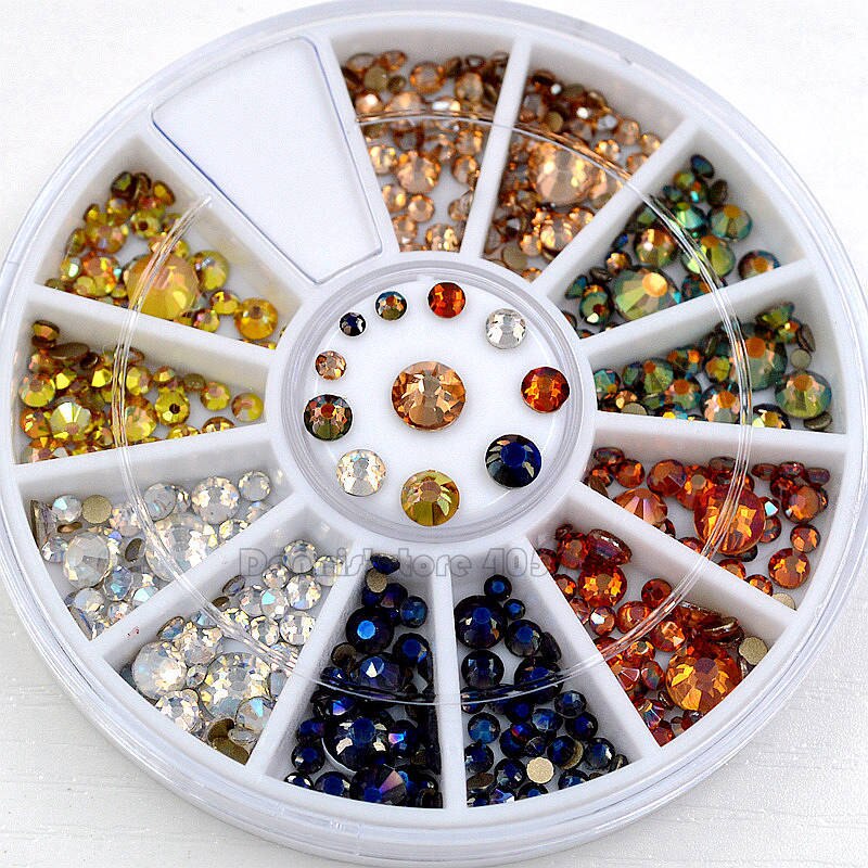 Mix Maten 6 Kleuren Multi-gekleurde Plaksteen Goud Bodem Ronde Facetten Nail Diamond Nail Art Glitter Steentjes Decoratie Wiel CF