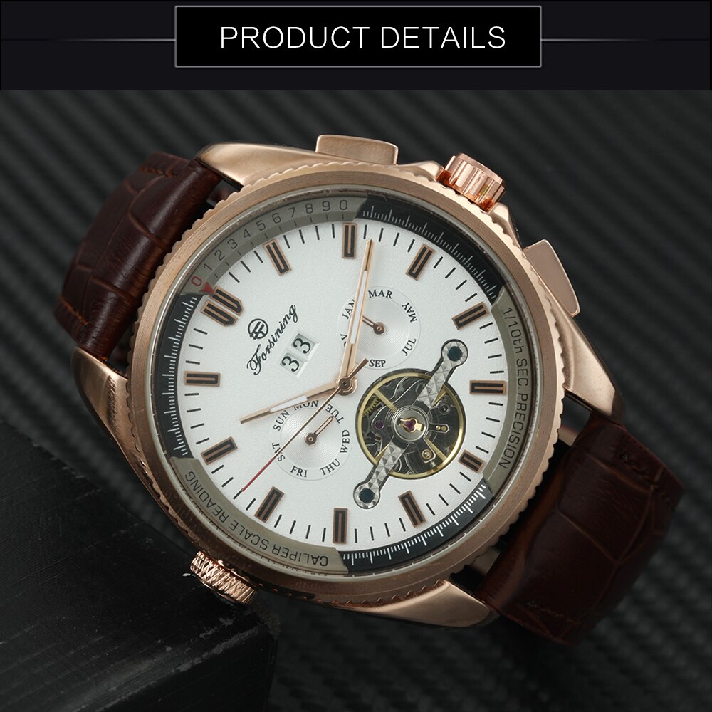 Forsining Luxe Top Brand Mannen Mechanische Automatische Horloge Man Tourbillon Horloge Kalender Datum Lichtgevende Handen Sub-Wijzerplaten + Box