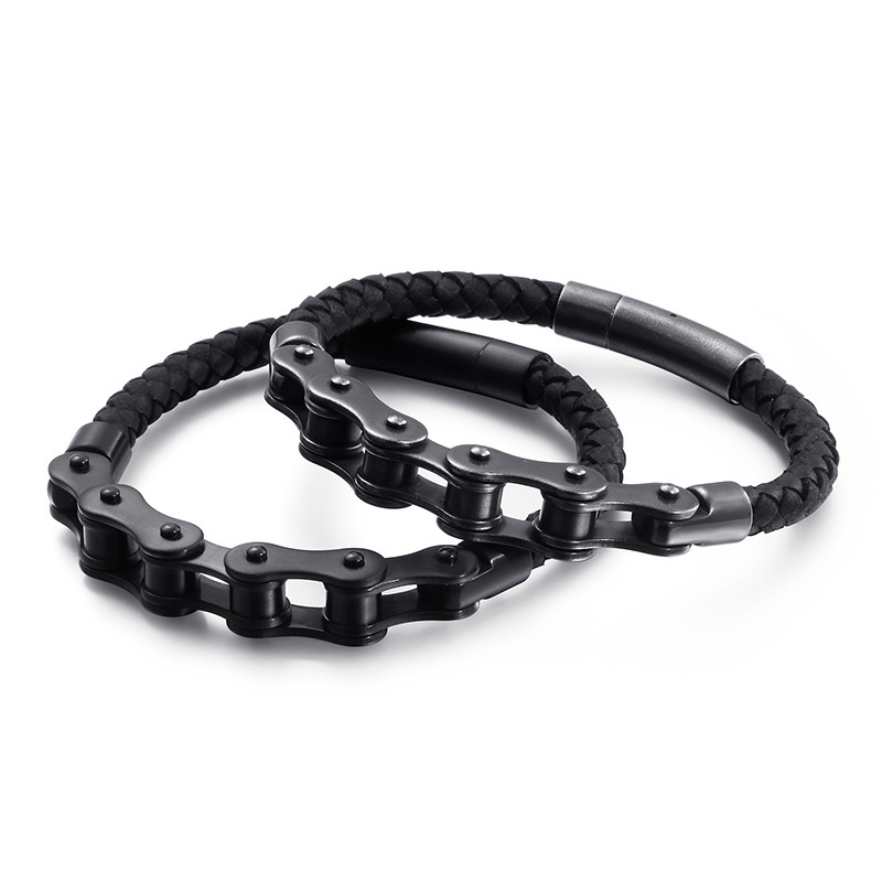 Trend Leather Braided Stainless Steel Bike Chain Bracelet Motorcycle Chain Wristband Men Bicycle Bangle JewelryWholesale