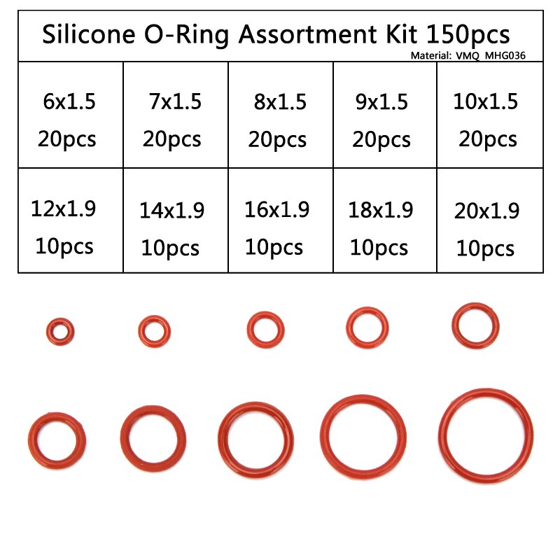 150PCS DIY PCP Silicone Rubber Sealing O Rings Gasket Replacements Socket Red O-rings CS 1.5mm 1.9mm OD 6mm-20mm 10 Sizes HG036