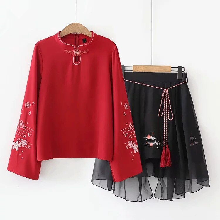 YUPINCIAGA vrouwen Tweedelige Sets Literaire Stijl Mesh Rok Bloemen Eembroidery Lange Mouw Blouse en Mesh Rok Kleding Set: Rood