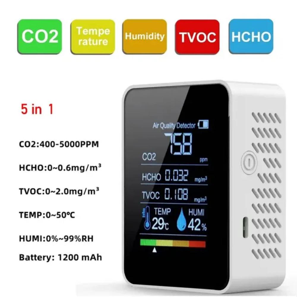 5-in-1 digitale luchtkwaliteitsmonitor CO2 HCHO TVOC Vochtigheids- en temperatuurmonitor CO2-tester LCD oplaadbaar: Black