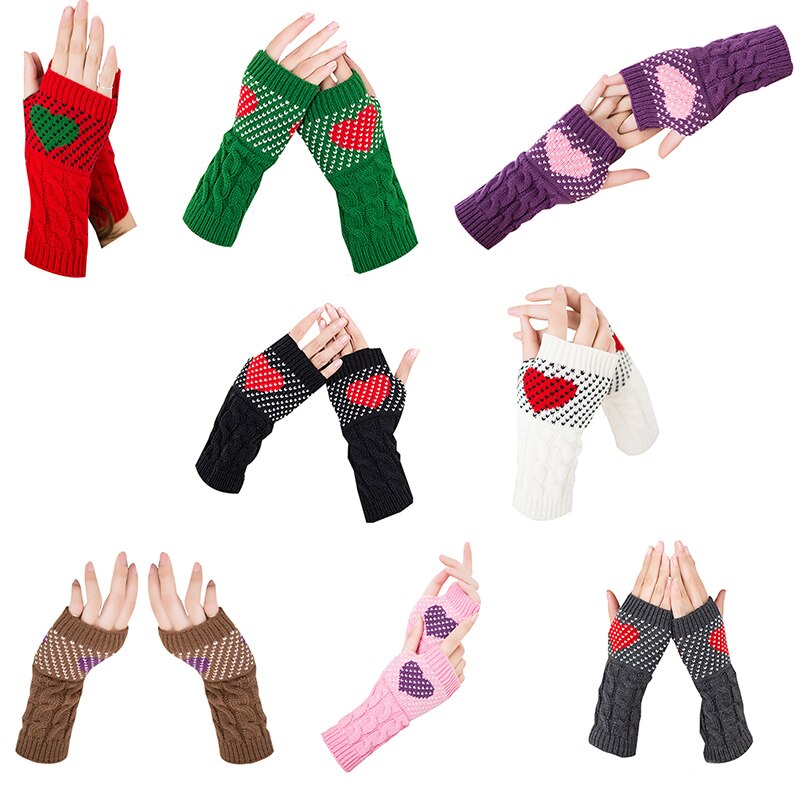 1 Pair Winter Heart Printing Half-finger Gloves Women Stylish Thick Warm Knitted Arm Wrist Warmer Fingerless Cute Gloves