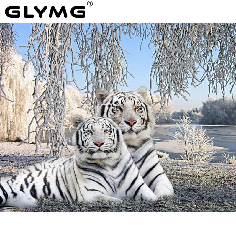 GLymg Diy White Tiger Diamond Embroidery Animal Picture Diamond Painting Cross Stitch Full Square Drill Home Decor Mosaic